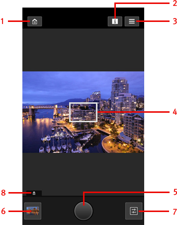 1. 홈으로 돌아가기,2. 이미지 정보 표시 On/OFF,3. 메뉴 버튼 (세로방향 전환 잠금/설정 버튼),4. 포커스,5. 촬영 버튼,6. 촬영 이미지의 정보 표시 버튼,7. 줌, 8. 촬영 설정 버튼
