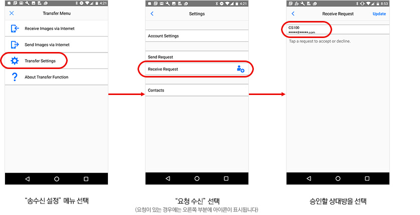 “송수신 설정”메뉴 선택,“요청 송신”선택(요청이 있는 경우에는 오른쪽 부분에 아이콘이 표시됩니다),승인할 상대방을 선택